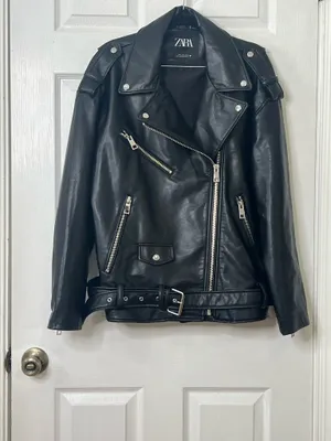 Zara Faux Leather Moto Jacket Biker Grunge Streetwear Belted Black Size L thumbnail 2