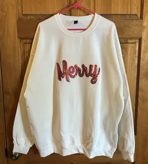 Christmas Sweater! White Sweatshirt with Red Sequin 'Merry' size XXL! thumbnail 1