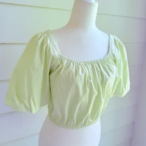 Copper Key Gingham Green Cropped Top with Puff Sleeves Size Small thumbnail 3