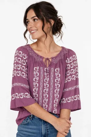 Sincerely Mary Boho Peasant Top Embroidered 3/4 Sleeve Tunic Blouse Purple Small thumbnail 1