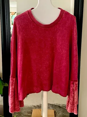 FREE PEOPLE Red Velvet Bell Cuff Long Sleeve Shirt thumbnail 1