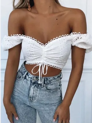 White Fox Boutique White Eyelet Off The Shoulder Top Women’s XS thumbnail 1