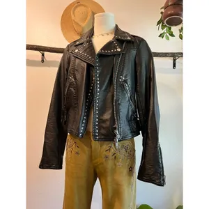 Free People Black Vegan Leather Moto Studded Zip Up Jacket Size XS Oversized thumbnail 13