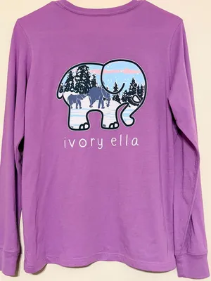 Women's Ivory Ella Purple Winter Snow Elephant Scene Long Sleeve Tee Size Small thumbnail 1