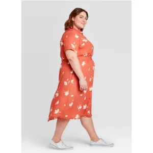 AVA & VIV Plus Size Orange Floral Dress Midi Belted‎ Pockets 1X thumbnail 2