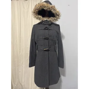 Anthropologie Elevenses Deep Woods Toggle Coat Wool Blend Faux Fur Gray size 10‎ thumbnail 3
