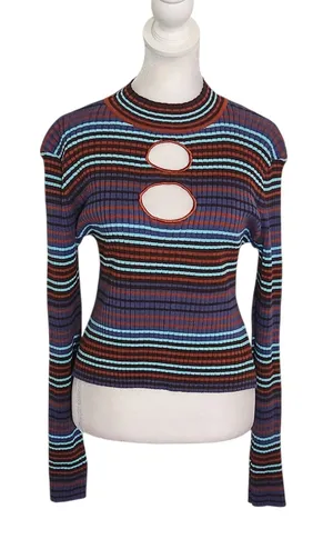 Madden NYC Multicolor Striped Ribbed Knit Crop Top Size Large thumbnail 1