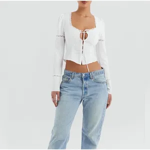 Mistress Rocks Lace Trim Tie Front Top Womens Medium White Bell Sleeve Corset thumbnail 2