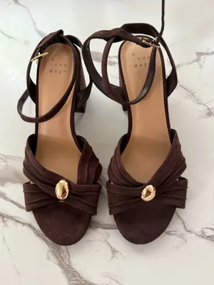 Women’s Dark Brown Faux Suede Block Heel Sandals – Ruched Toe Strap Ankle Buckle Heels thumbnail 3