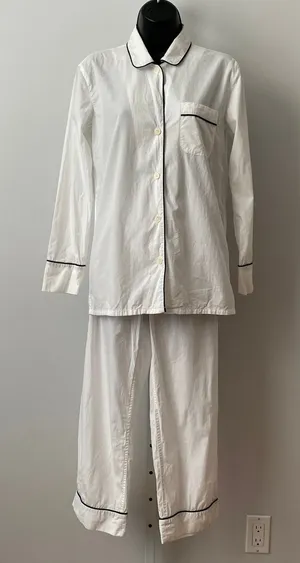 J.Crew XXS White Pajama Set Cotton Piping Long Sleeve Sleepwear Loungewear thumbnail 1