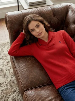 NWT Polo Ralph Lauren Cotton V-neck Shawl Collar Sweater in Fall Red Pullover M thumbnail 3