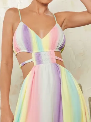 NEW Pastel Rainbow Watercolor Ombré Cutout Maxi Dress thumbnail 4