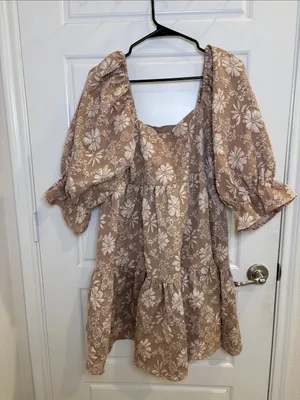 Entro Floral Jacquard Babydoll Mini Dress Tan Cream Puff Sleeve Large thumbnail 3
