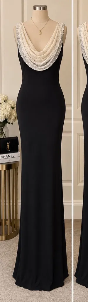 Cachet Black Maxi Dress with Cream Beaded Draped Neckline thumbnail 1