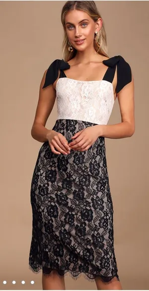 Lulus Black And White Lace Midi Dress thumbnail 1
