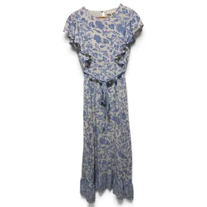 Bohme Blue‎ Floral Toile Ruffle Midi Dress Tie Waist Small thumbnail 2