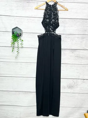 Sheer Black Lace Halter Neck Open Back High Slit Maxi Evening Gown Size Small thumbnail 16
