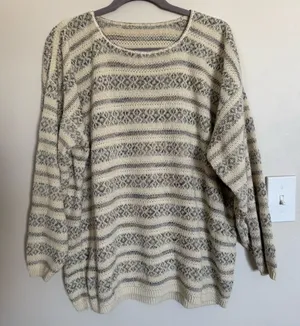 Vintage Cream and Brown Print Stripe Crew Neck Oversized 90s Y2K Sweater Size XL thumbnail 1