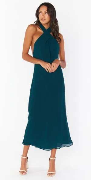 SHOW ME YOUR MUMU Jasmine Halter Midi Dress In Emerald Chiffon thumbnail 3