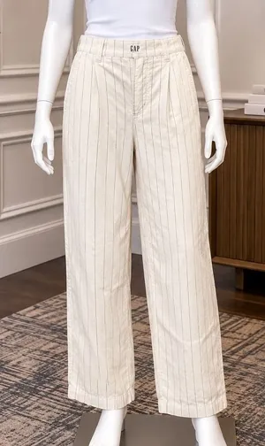 Gap Women Pants Wide-Leg Pinstripe Cream Tan Linen Blend Size 4 thumbnail 1