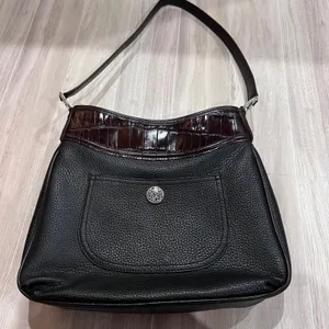 Brighton Black & Brown Leather Handbag Shoulder Bag Croc Trim Heart Charm Medium thumbnail 3
