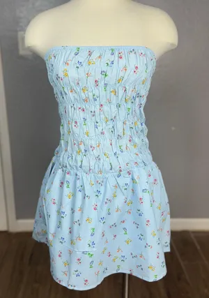 Princess Polly Wishing Wells Shirred Mini Dress Blue Floral, 8 thumbnail 1