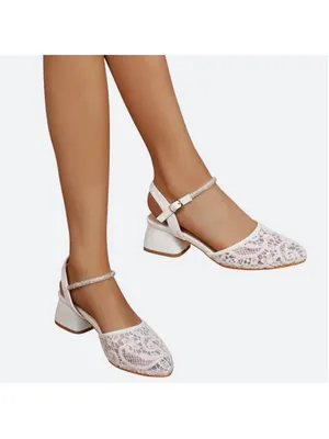 White Lace Low Block Heel Ankle Strap Wedding Shoe Sandals Size 40 thumbnail 4