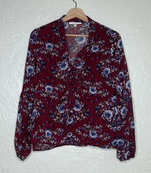 WAYF Women’s Burgundy Red Floral Tie V-Neck‎ Balloon Sleeve Blouse Size XS thumbnail 1