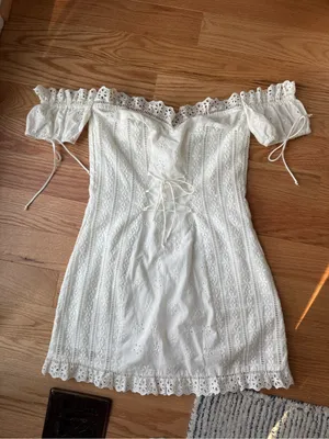 For Love & Lemons Anabelle White Eyelet Lace Up Puff Sleeve Mini Dress Size M thumbnail 2
