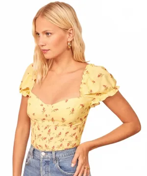 Reformation Jewel Top Kensington Sweetheart Neck Floral Yellow Women's Size 0 thumbnail 1