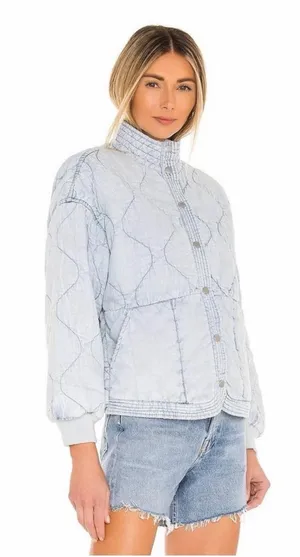 Kensie Jeans Quilted Denim Bomber Jacket Light Acid Wash Chambray Size M thumbnail 1
