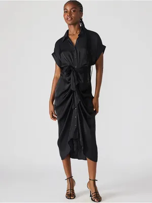 NWT Steve Madden Tori Black Satin Ruched Tie Waist Midi Dress Size 6 thumbnail 12