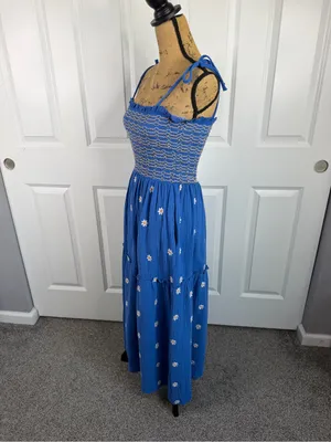 Boutique Sz S Blue Daisy Smocked Tie Strap Tiered Maxi Dress Cottagecore thumbnail 9