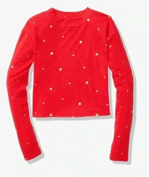 🆕Pink Everyday Long Sleeve Stars Cropped Tee L🆕 thumbnail 1