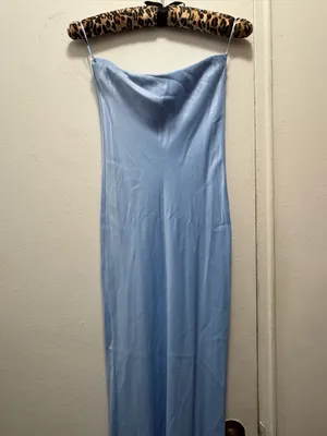 Bershka satin bandeau maxi dress in dusty blue small thumbnail 10