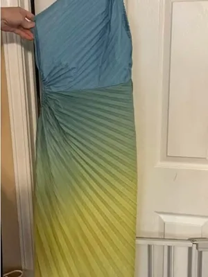 SHEIN One-Shoulder Ombre Pleated Midi Dress in Blue and Yellow thumbnail 2