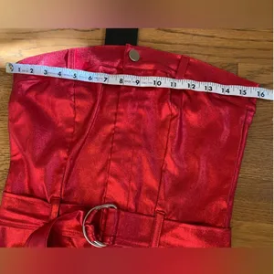 Metallic red strapless midi dress featuring a matching belt and a front slit thumbnail 8