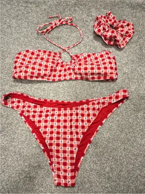 Cabana del Sol Red Cherry Gingham Two-Piecec Bikini Set with Scrunchie thumbnail 1