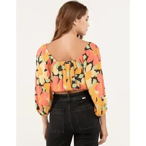 Billabong Yellow Orange Pink Floral Sun City Puff‎ Sleeve Crop Blouse Large thumbnail 9