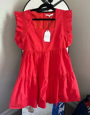 NWT English Factory Women’s Ruffled Dress with Smocked Detailing in Red thumbnail 1