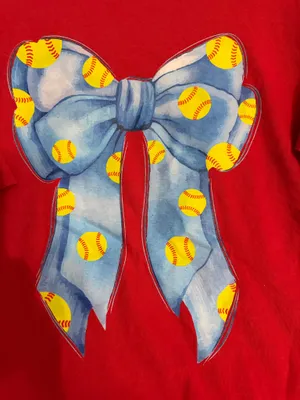 Comfort Colors Red Short Sleeve Tee with Blue Bow & Yellow Softball Print thumbnail 2