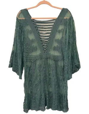 SHEIN Sheer Lace Boho Tunic Top Green One Size NWT Lace Up Babydoll‎ thumbnail 1