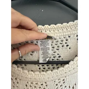 Yarnworks Vintage 90s Large Cream Cotton Open Knit Diamond Pointelle Sweater USA thumbnail 4