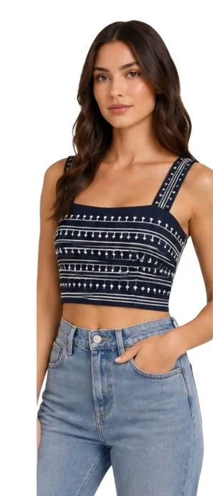 Avec Les Filles Cotton Embroidered Square-Neck Tank Top iNavy/Cream Size XS NWT thumbnail 1