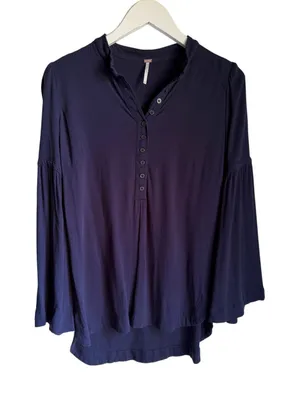 Free People Navy Bell Sleeve Henley Blouse XS Boho Rayon Tunic Top thumbnail 1