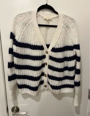 Sézane Basile Cardigan Sweater Blue Ecru Stripe Alpaca Wool Oversized XXS thumbnail 1