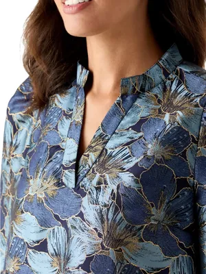 Crown & Ivy Jacquard Floral Metallic 3/4 Puff Sleeve Dress Blue Gold thumbnail 4