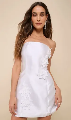 Lulus Mini Dress Womens White Destiny 3D Floral Applique Strapless Bridal thumbnail 1