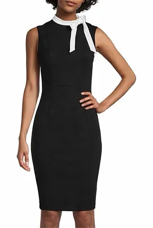Calvin Klein‎ Black White Bow High Neck Sleeveless Stretch Crepe Sheath Dress 8 thumbnail 1