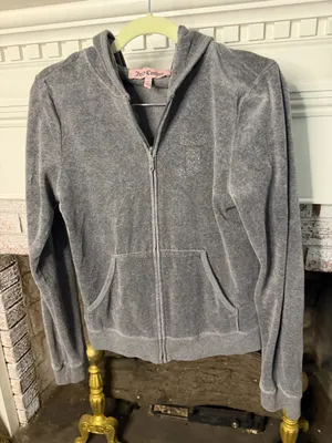 Juicy Couture Gray Velour Zip Hoodie Rhinestone Crest Y2K Size Large thumbnail 1